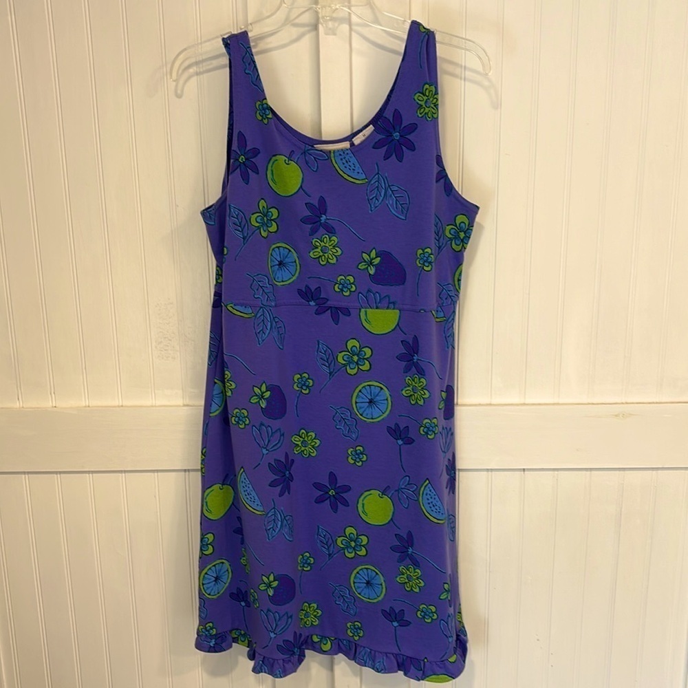 Expressions vintage 90’s purple floral/fruit  dress w/scalloped bottom size M